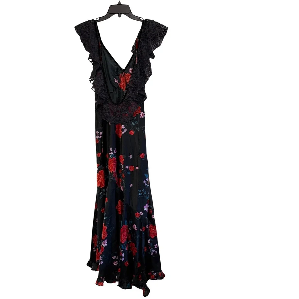 Free People Dark Romance Lace Trim Floral Satin Maxi Dress Black Red Rose V-Neck